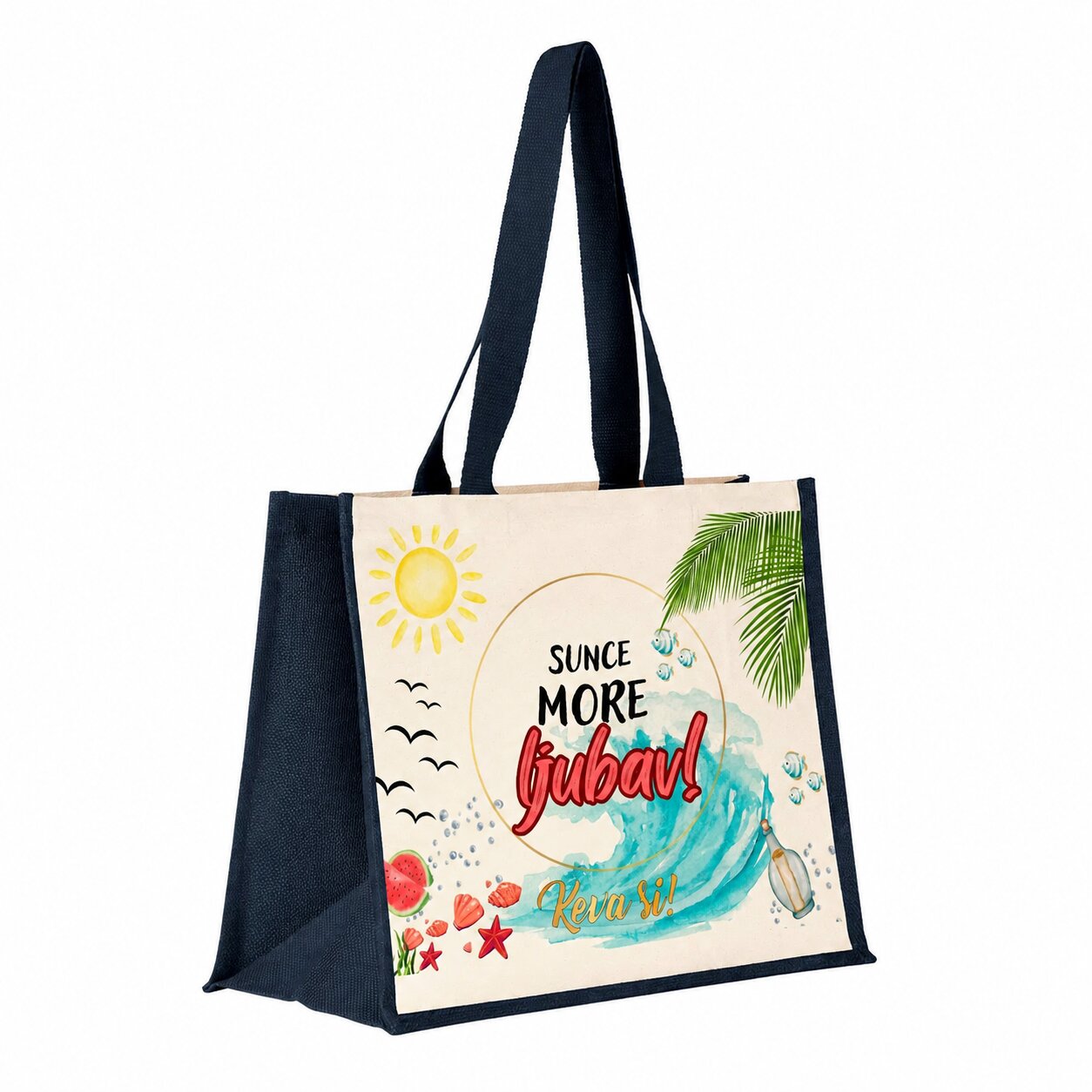 Keva si torba za plažu „Sunce, more, ljubav“ teget