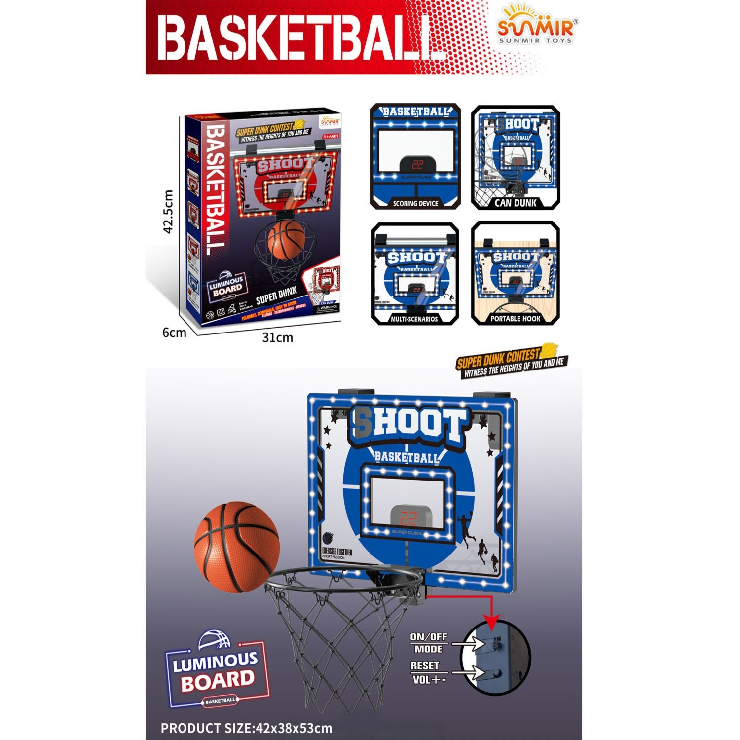 HK Mini zidni košarkaški set sa svetlećom tablom