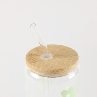 Be Cute Staklena čaša sa slamčicom, zeleni cvetići 