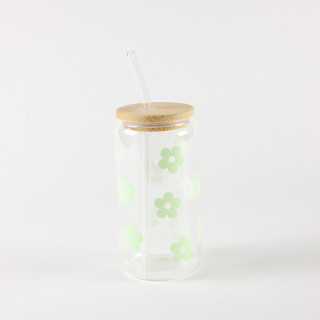Be Cute Staklena čaša sa slamčicom, zeleni cvetići 