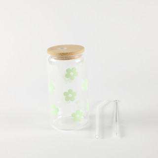 Be Cute Staklena čaša sa slamčicom, zeleni cvetići 