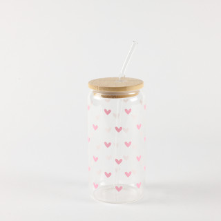 Be Cute Staklena čaša sa slamčicom, roze srca 