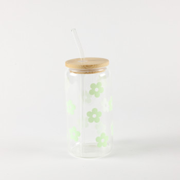 Be Cute Staklena čaša sa slamčicom, zeleni cvetići 