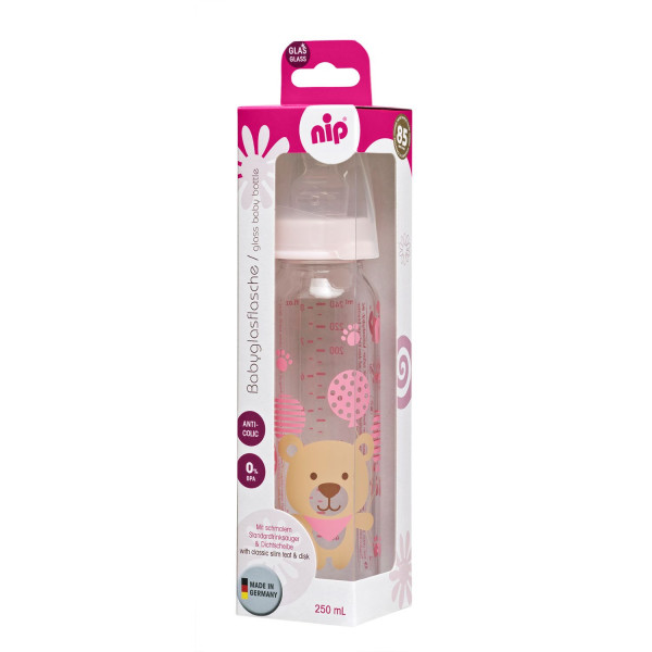 Nip flašica staklena 250ml sil.cucla za mleko 0m+