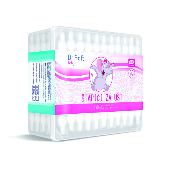 Dr.Soft štapići za uši sa graničnikom,60 kom,roze