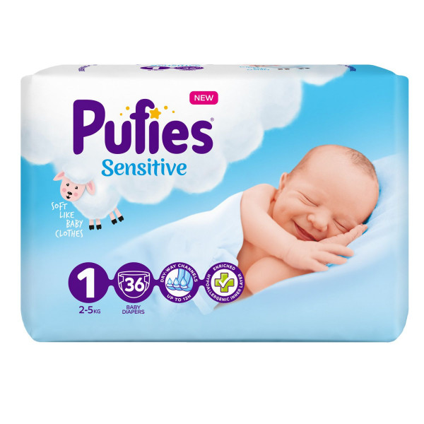 Pufies pelene sensitive 1 newborn 2-5kg  36kom 