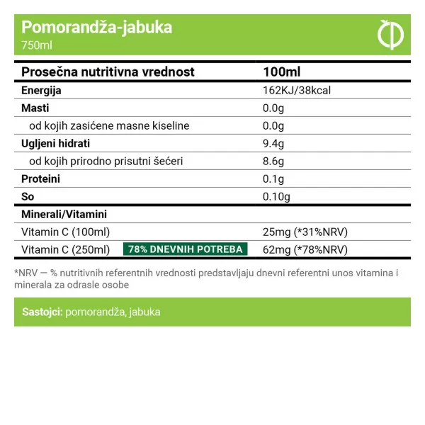 Cold pressok pomorandža jabuka ceđeni sok 750ml