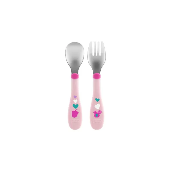 Chicco metalne kašika i viljuška, 18m+, roze 