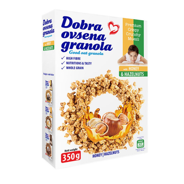 Dobra ovsena granola med i lešnik, 350g 