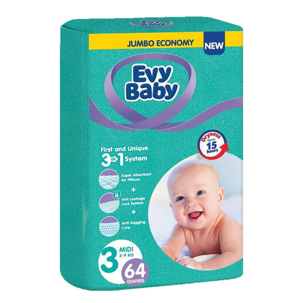 Evy baby pelene jumbo 3 midi 5-9kg 64kom 3 u 1 