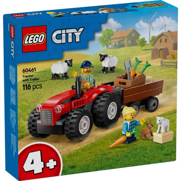 Lego city red farm tractor with trailer and sheep 