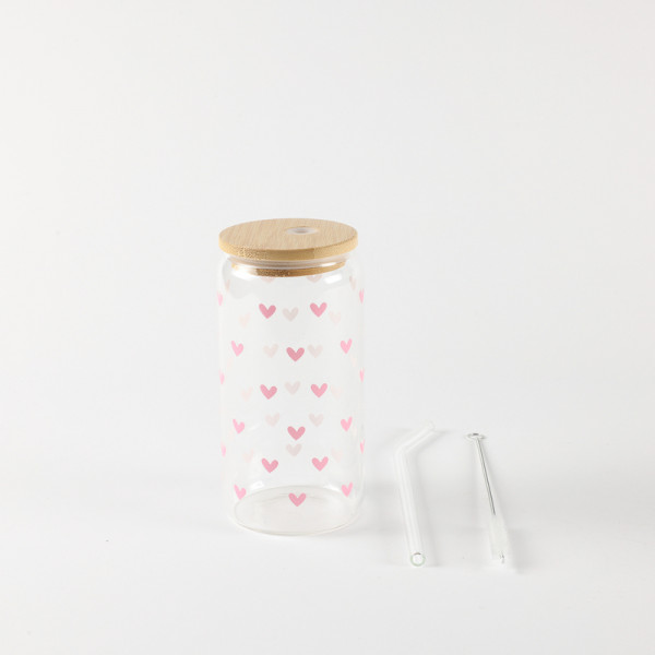 Be Cute Staklena čaša sa slamčicom, roze srca 