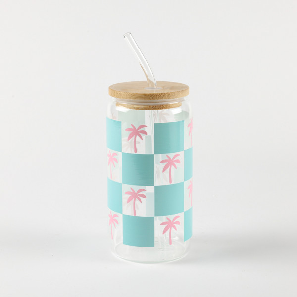 Be Cute Staklena čaša sa slamčicom, palme 