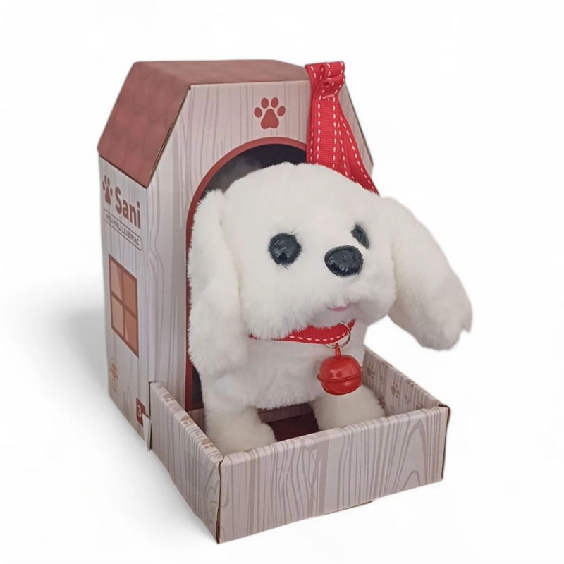 Plišani pas Bišon na povodcu koji hoda I laje 