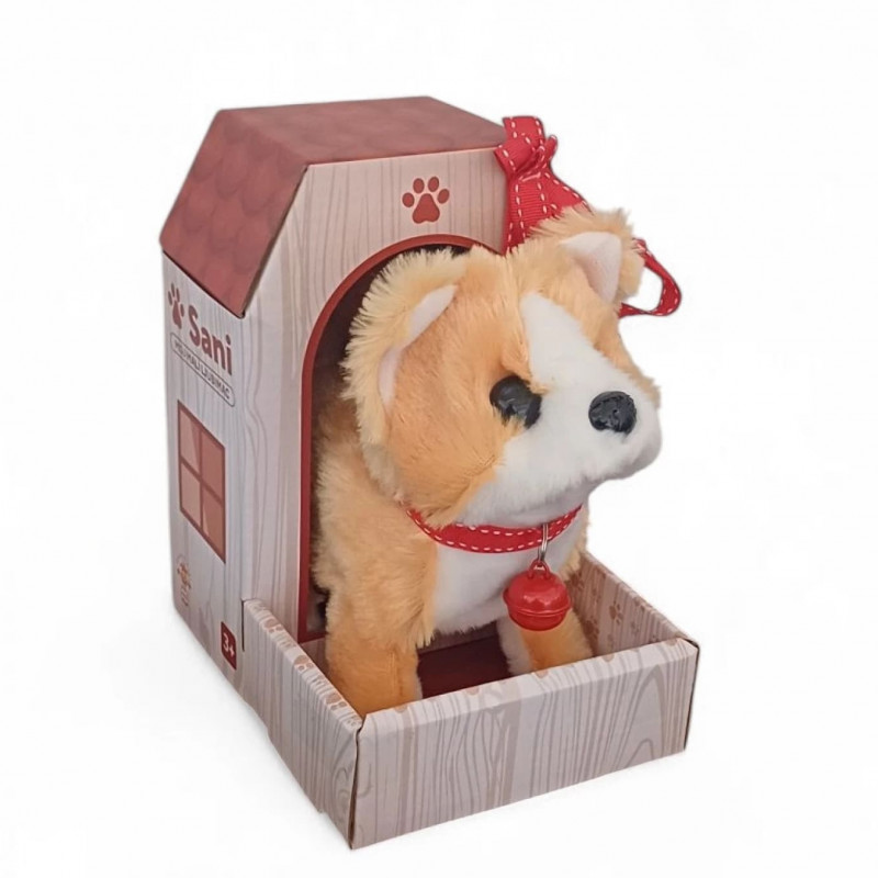 Plišani pas Shiba Inu na povodcu koji hoda I laje 