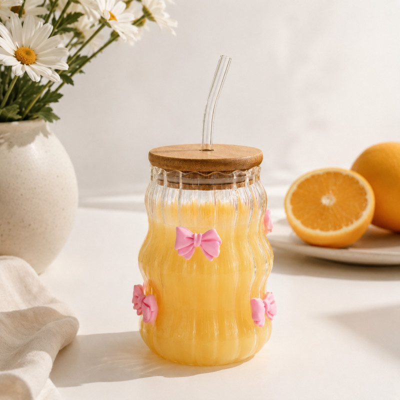 Be Cute staklena čaša sa slamčicom, mašnice 