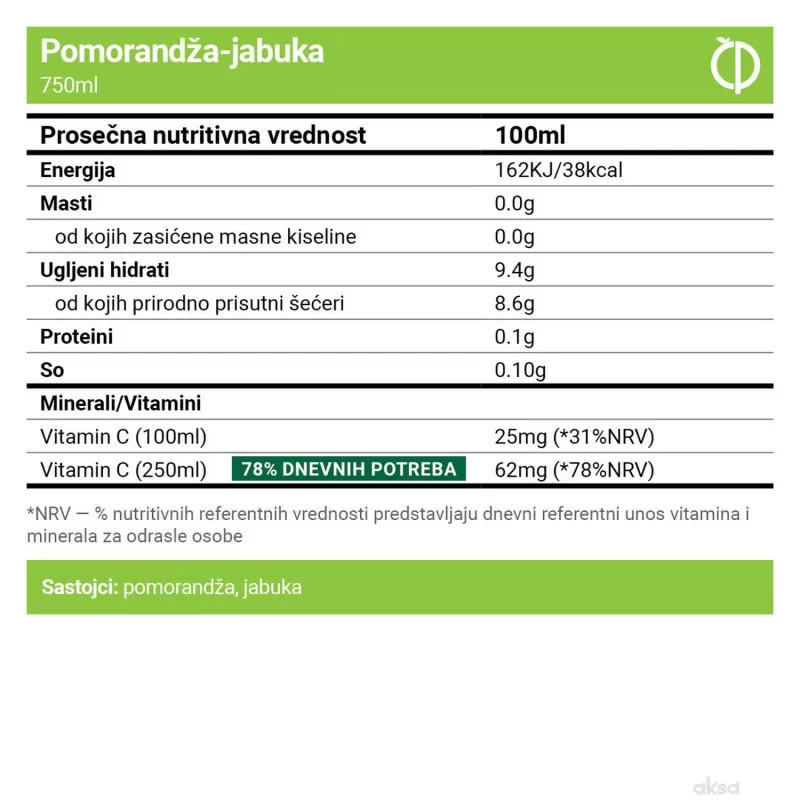 Cold pressok pomorandža jabuka ceđeni sok 750ml