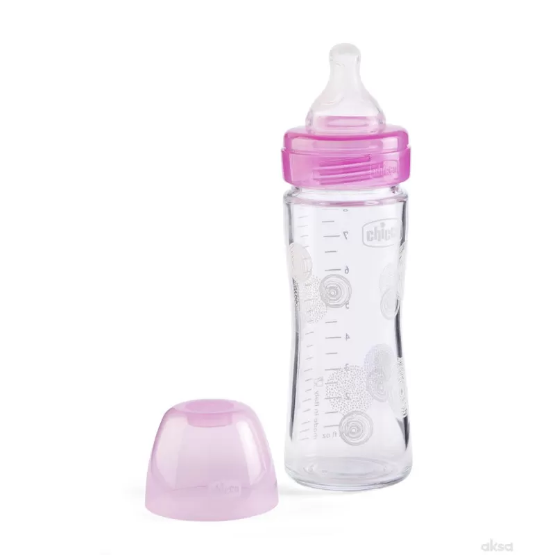Chicco WB staklena flašica 240ml, silikon, roze