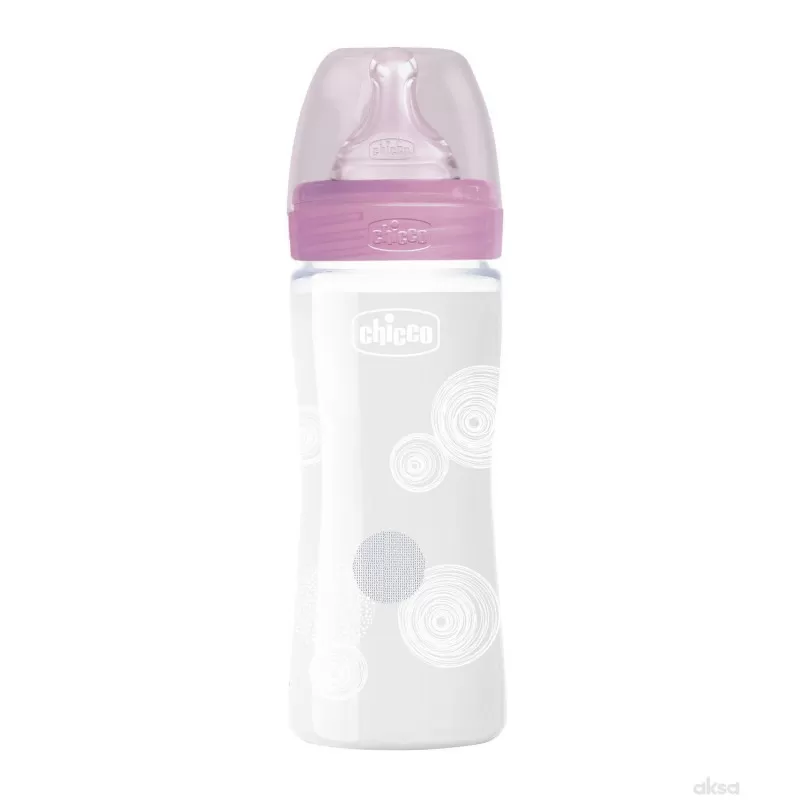 Chicco WB staklena flašica 240ml, silikon, roze