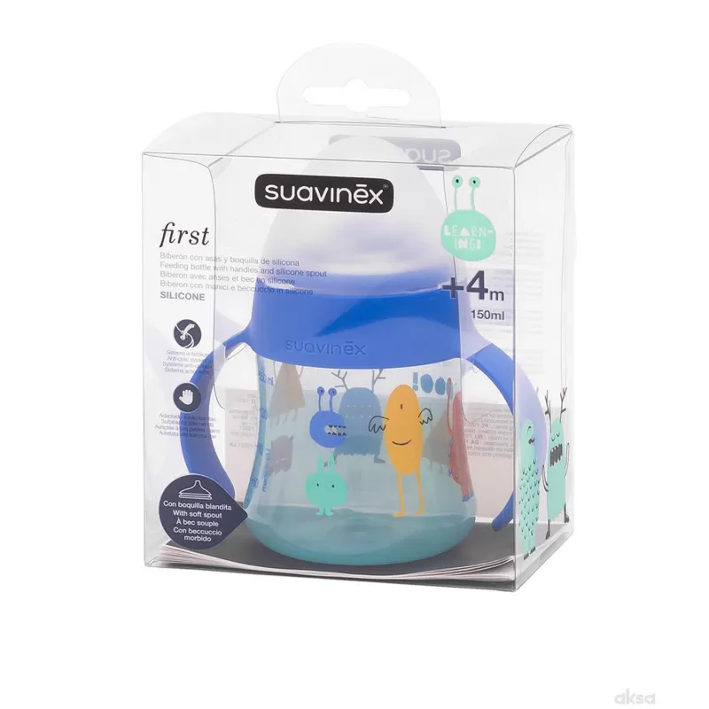 Suavinex flašica sa sil. piskom 150 ml, plava, 4m+