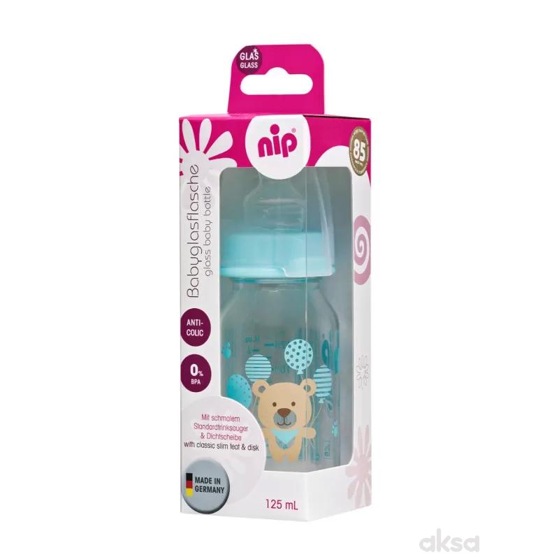 Nip flašica staklena 125ml sil. cucla za čaj 0m+