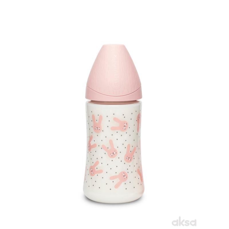 Suavinex flašica stakl 3 protoka 270ml roze 0m+