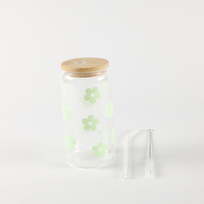 Be Cute Staklena čaša sa slamčicom, zeleni cvetići 