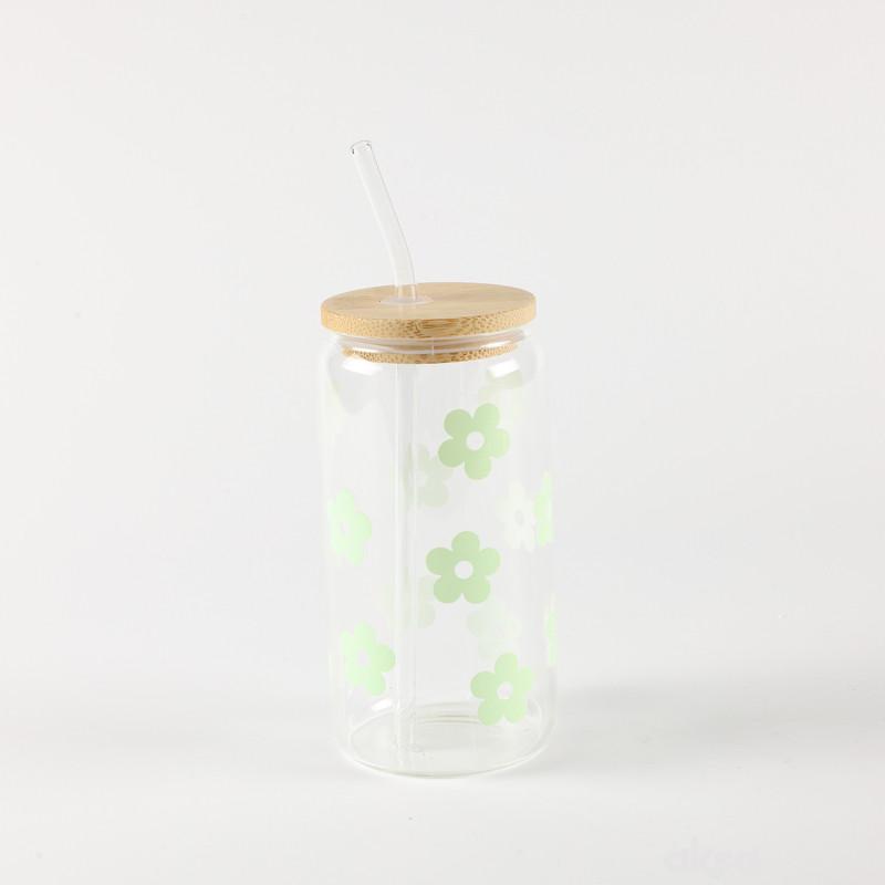 Be Cute Staklena čaša sa slamčicom, zeleni cvetići 