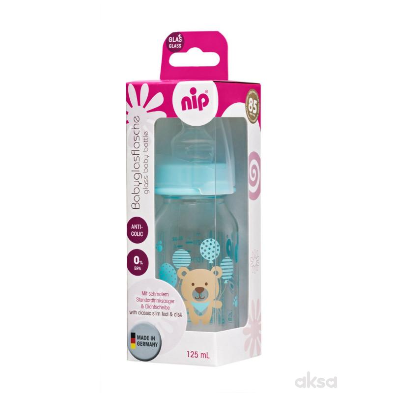Nip flašica staklena 125ml sil. cucla za čaj 0m+