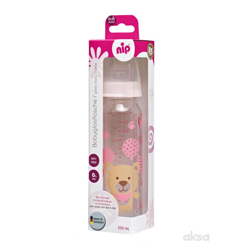 Nip flašica staklena 250ml sil.cucla za mleko 0m+