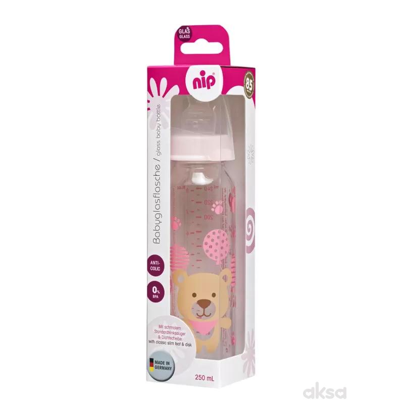 Nip flašica staklena 250ml sil.cucla za mleko 0m+