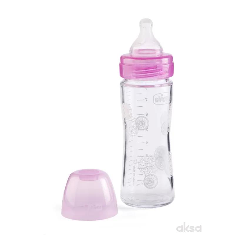 Chicco WB staklena flašica 240ml, silikon, roze