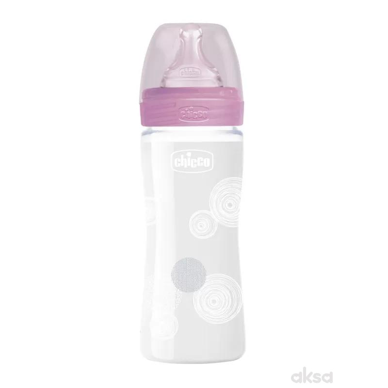 Chicco WB staklena flašica 240ml, silikon, roze 