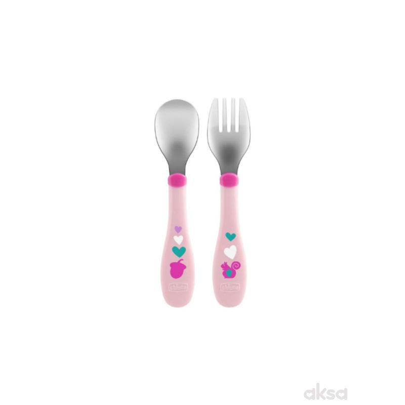 Chicco metalne kašika i viljuška, 18m+, roze